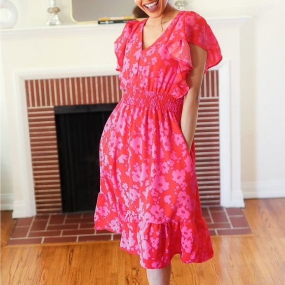 NEW Remember Me Red & Pink Floral Print Smocked Waist Midi Dress - Picture 4 of 14